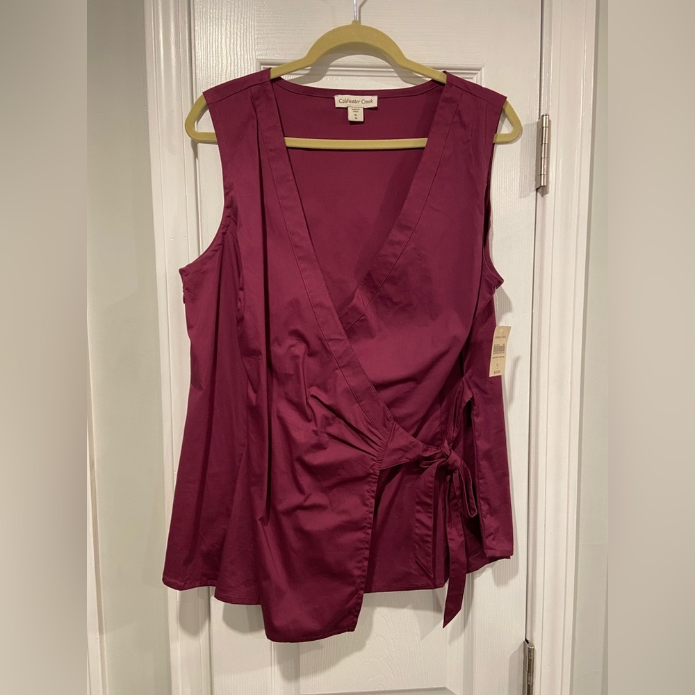 NWT Coldwater Creen Burgundy Cotton Poplin Faux Tie Wrap Sleeveless Top